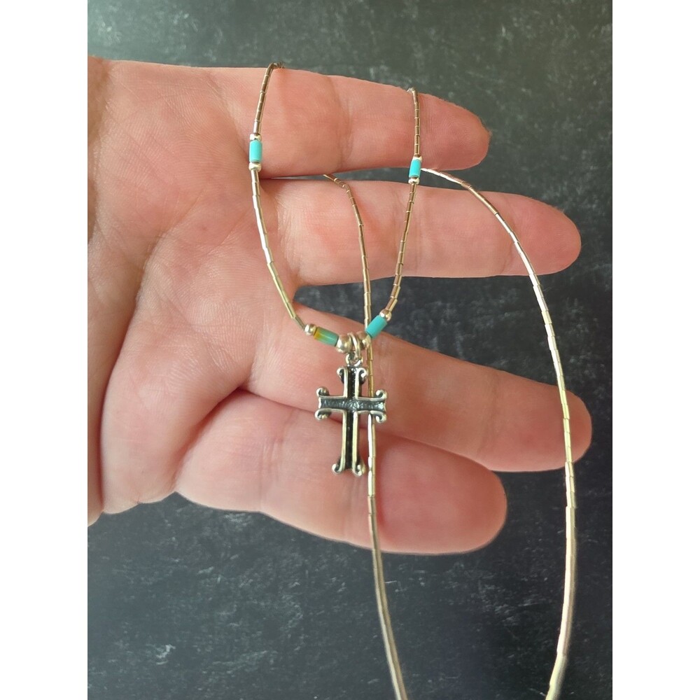 925 Sterling Liquid Silver Cross Shaped Pendant Turquoise Necklace Vintage